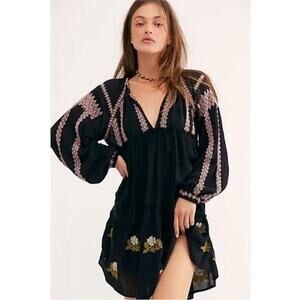 NWOT Free People Lined Wild Horses Mini black embroidered floral boho Dress US S